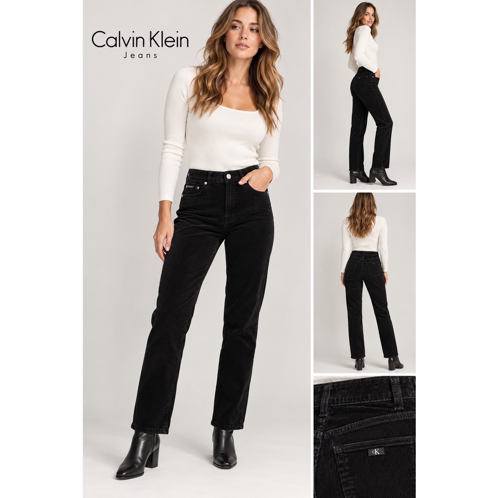 Calvin Klein Jeans Womens Black Corduroy Straight Leg Pants Size 6 Stretch
